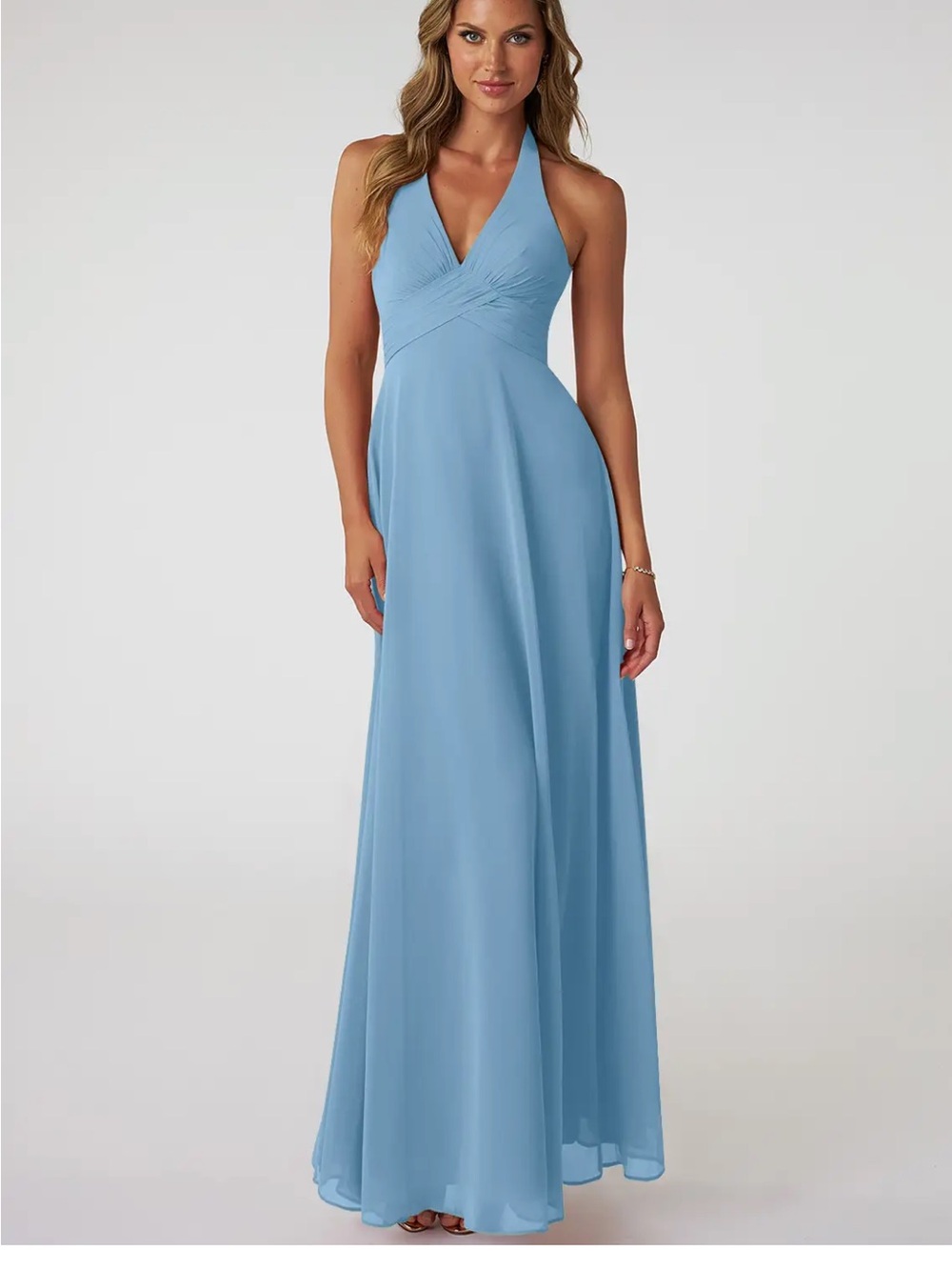 Azazie Steel Blue Halter V-Neck Maxi Dress - Bridesmaid